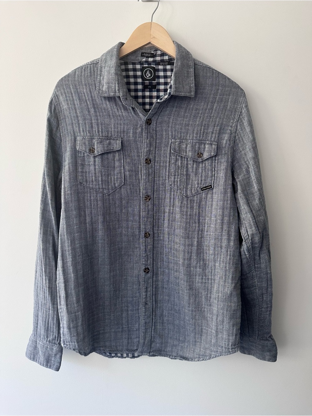 Volcom | L | Men's Navy Herringbone and Gingham Button-Up Shirt